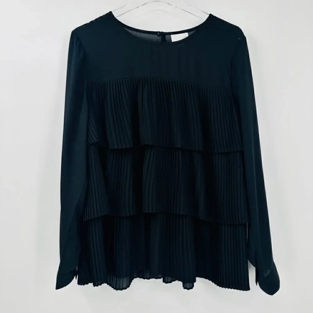 J. Jill Size Large Black Long Sleeve Pleated Tiered Ruffle Blouse Top